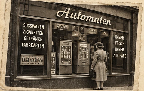 Historische Ansicht eines Automatenladens mit Verkaufsautomaten im Schaufenster