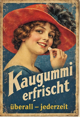 Nostalgisch gestaltetes Kaugummiplakat mit Frau im roten Hut