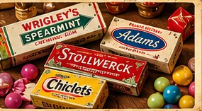 Nostalgische Illustration von Kaugummi- und Süßwarenverpackungen