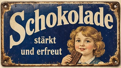 Blaues nostalgisches Schokoladen-Reklameschild