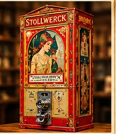 Illustrierter historischer Schokoladenautomat mit ornamentiertem Gehäuse